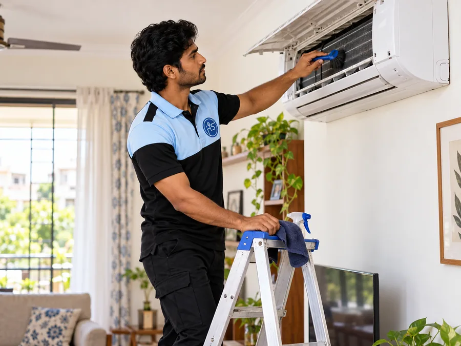 Technician servicing a wall-mounted air conditioner