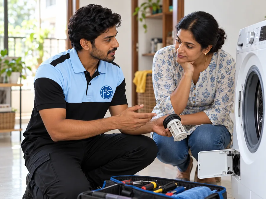 Technician discussing an appliance with a customer at home