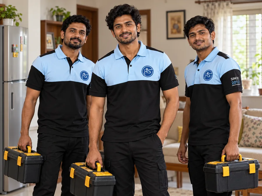 Appliance service professionals in blue workwear standing together in a home