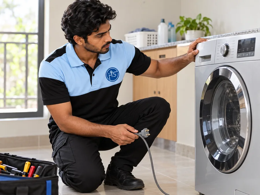 Technician inspecting a front-loading washing machine